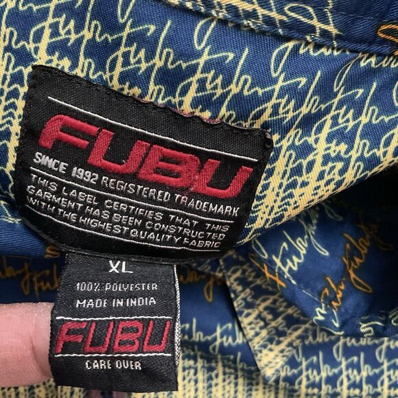 Fubu Shirt Mens Y2K XL Blue Yellow Orange Button Up Fubu Print Short Sleeve - Picture 7 of 8